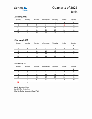 Benin Quarter 1  2025 calendar template