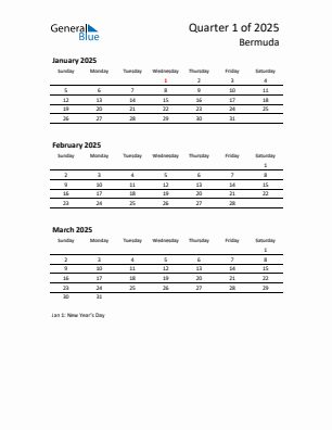 Bermuda Quarter 1  2025 calendar template