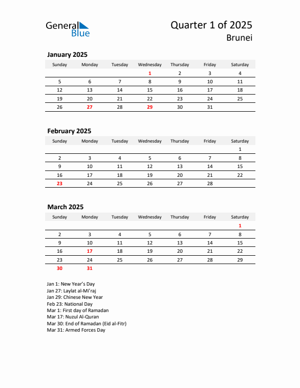 2025 Q1 Three-Month Calendar for Brunei