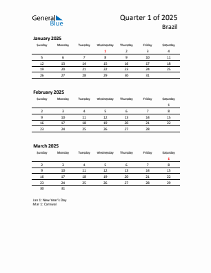 Brazil Quarter 1  2025 calendar template