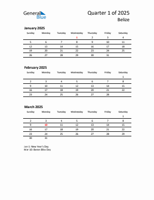 Belize Quarter 1  2025 calendar template