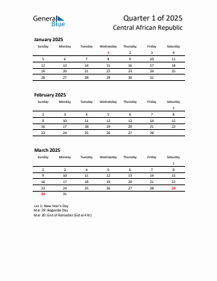 Central African Republic Quarter 1  2025 calendar template