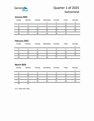 Switzerland Quarter 1  2025 calendar template