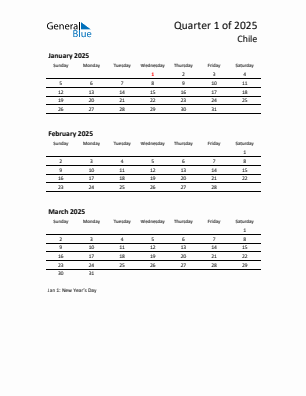 Chile Quarter 1  2025 calendar template