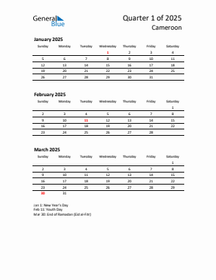 Cameroon Quarter 1  2025 calendar template