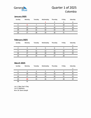 Colombia Quarter 1  2025 calendar template