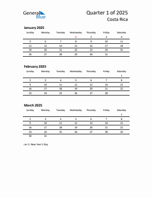 Costa Rica Quarter 1  2025 calendar template