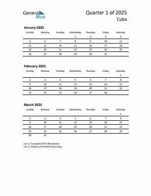 Cuba Quarter 1  2025 calendar template