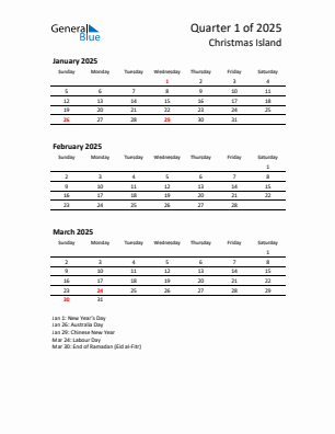 Christmas Island Quarter 1  2025 calendar template