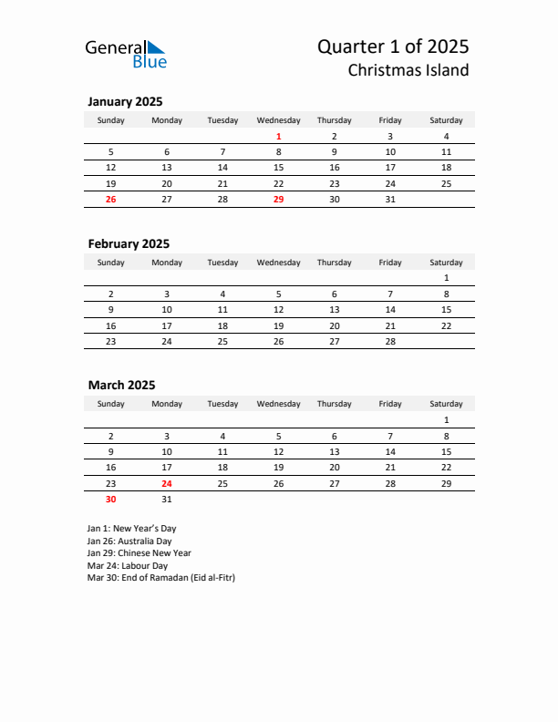 2025 Q1 Three-Month Calendar for Christmas Island