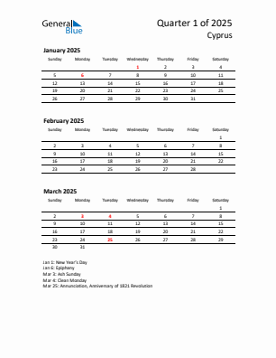 Cyprus Quarter 1  2025 calendar template