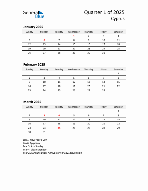 2025 Q1 Three-Month Calendar for Cyprus