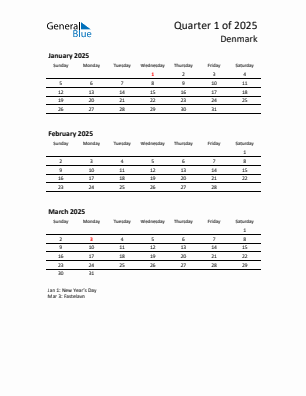 Denmark Quarter 1  2025 calendar template