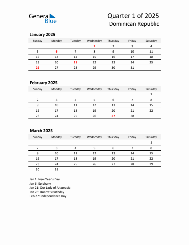 2025 Q1 Three-Month Calendar for Dominican Republic