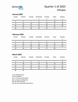 Ethiopia Quarter 1  2025 calendar template