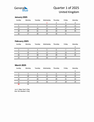 United Kingdom Quarter 1  2025 calendar template