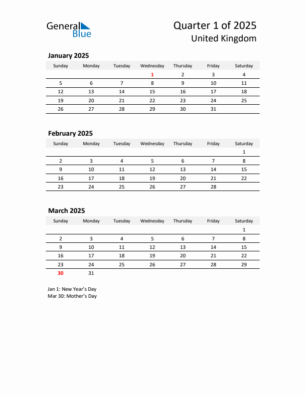 2025 Q1 Three-Month Calendar for United Kingdom