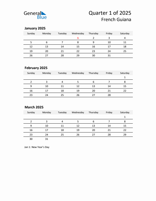 2025 Q1 Three-Month Calendar for French Guiana