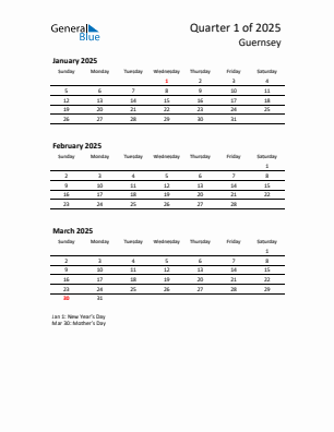 Guernsey Quarter 1  2025 calendar template