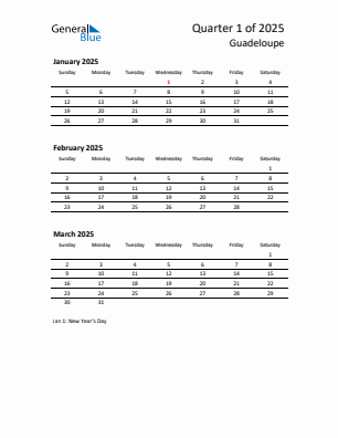 Guadeloupe Quarter 1  2025 calendar template