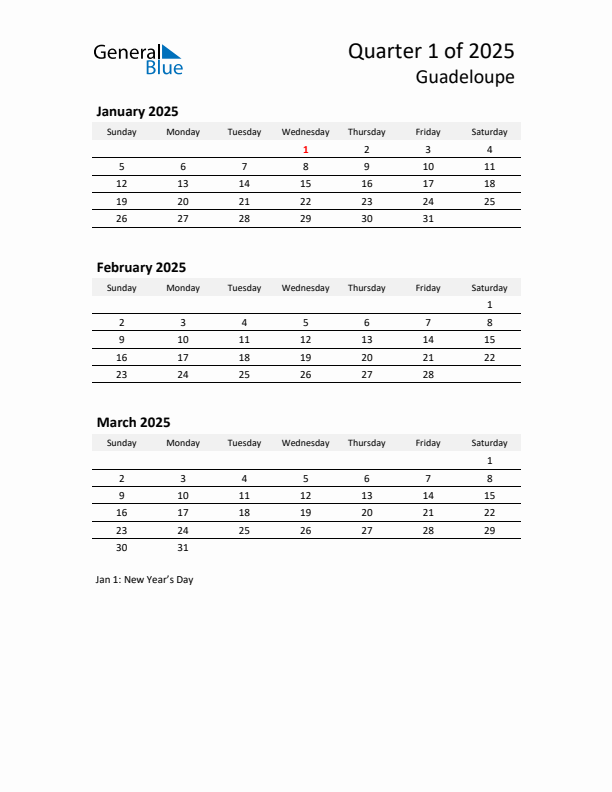 2025 Q1 Three-Month Calendar for Guadeloupe