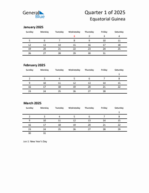 Equatorial Guinea Quarter 1  2025 calendar template