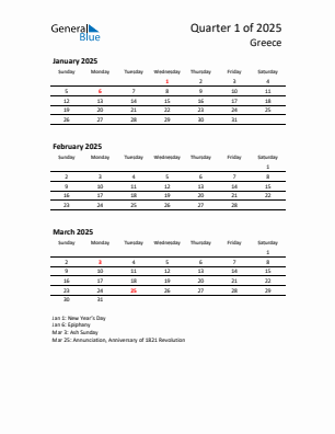 Greece Quarter 1  2025 calendar template