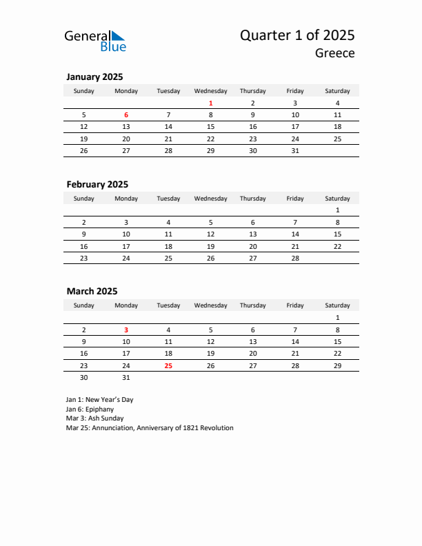 2025 Q1 Three-Month Calendar for Greece