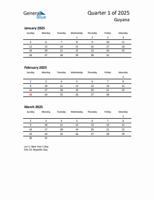 Guyana Quarter 1  2025 calendar template