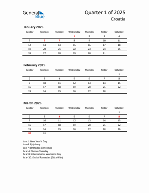 Croatia Quarter 1  2025 calendar template