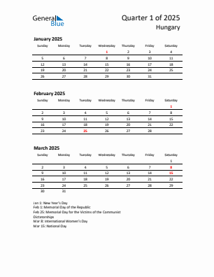 Hungary Quarter 1  2025 calendar template