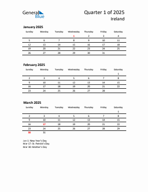 Ireland Quarter 1  2025 calendar template