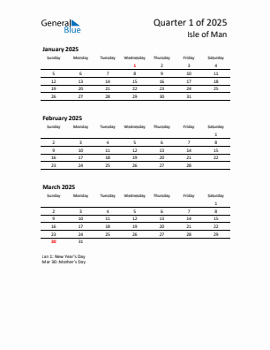 Isle of Man Quarter 1  2025 calendar template