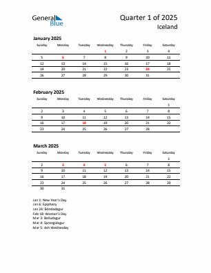 Iceland Quarter 1  2025 calendar template