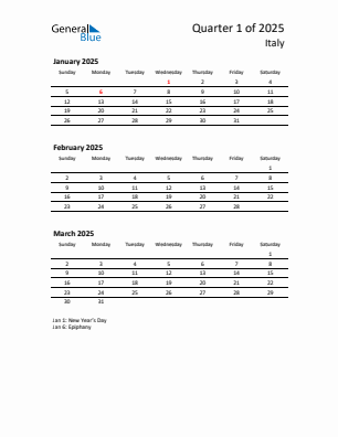 Italy Quarter 1  2025 calendar template