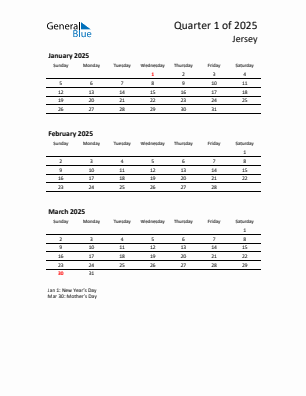 Jersey Quarter 1  2025 calendar template