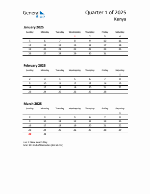 Kenya Quarter 1  2025 calendar template