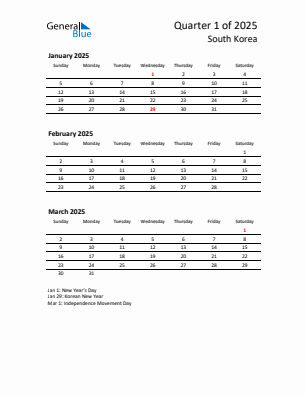 South Korea Quarter 1  2025 calendar template