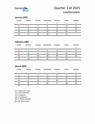 Liechtenstein Quarter 1  2025 calendar template