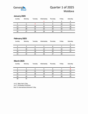 Moldova Quarter 1  2025 calendar template