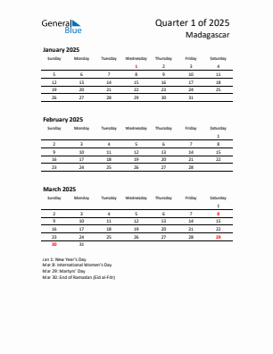 Madagascar Quarter 1  2025 calendar template