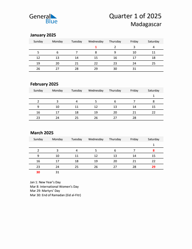 2025 Q1 Three-Month Calendar for Madagascar