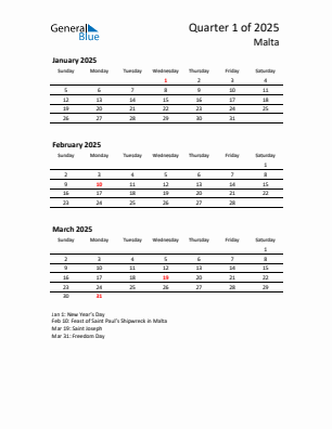 Malta Quarter 1  2025 calendar template