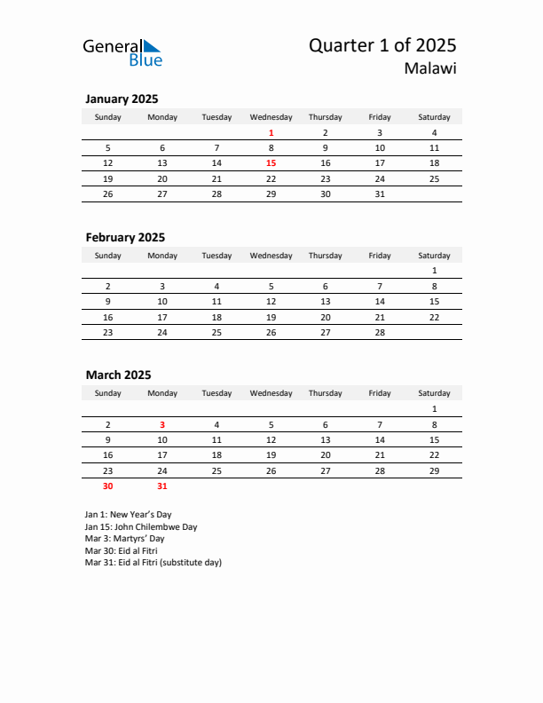 2025 Q1 Three-Month Calendar for Malawi