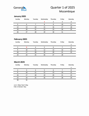 Mozambique Quarter 1  2025 calendar template