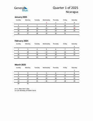 Nicaragua Quarter 1  2025 calendar template