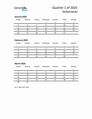 The Netherlands Quarter 1  2025 calendar template