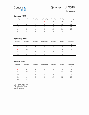 Norway Quarter 1  2025 calendar template