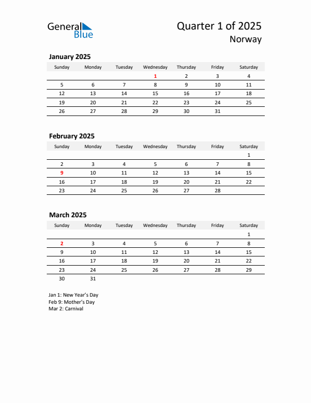 2025 Q1 Three-Month Calendar for Norway