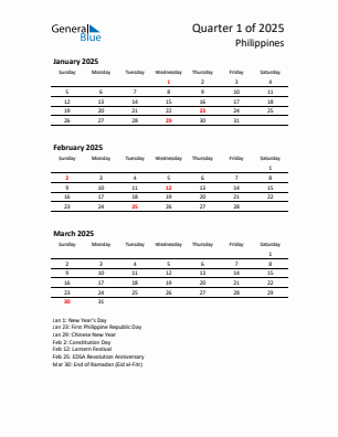 Philippines Quarter 1  2025 calendar template